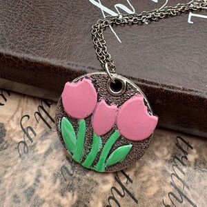 Cottagecore Tulip Necklace Pink Floral Pendant Vintage Style 18”